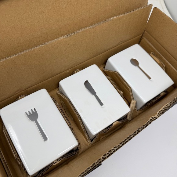 Towle Living Ceramic Flatware Caddy Set 3 Jars with Wooden Tray White 5091928 - Picture 7 of 9